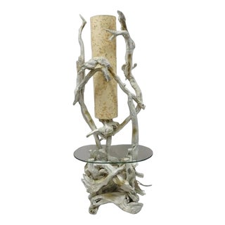 Vintage Mid Century Modern White Driftwood Kidney Glass Side Table Floor Lamp For Sale