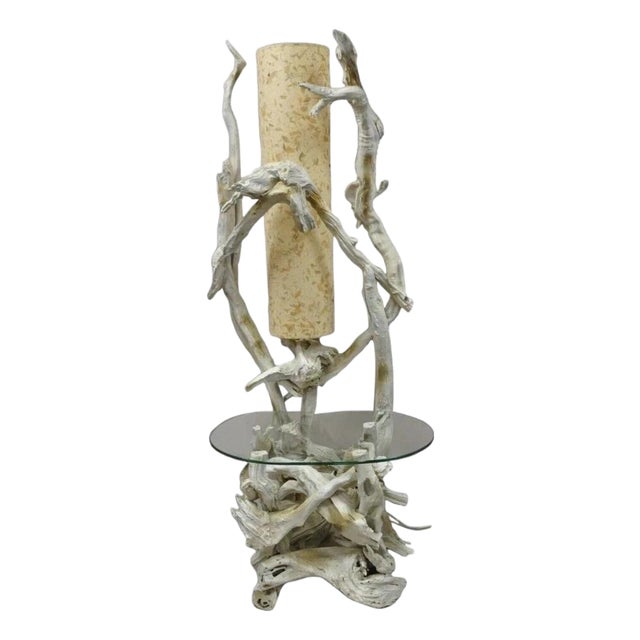 Vintage Mid Century Modern White Driftwood Kidney Glass Side Table Floor Lamp For Sale