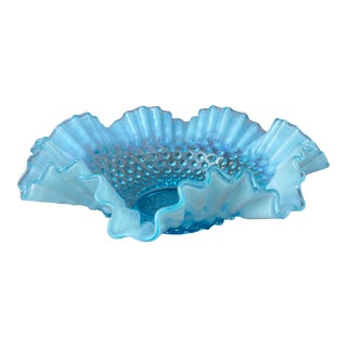 1940s Fenton Blue Opalescent Hobnail Ruffled Bowl For Sale