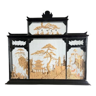 Vintage Chinese Hand-Carved Cork Crane & Pagoda Diorama in Temple-Form Glass Case For Sale