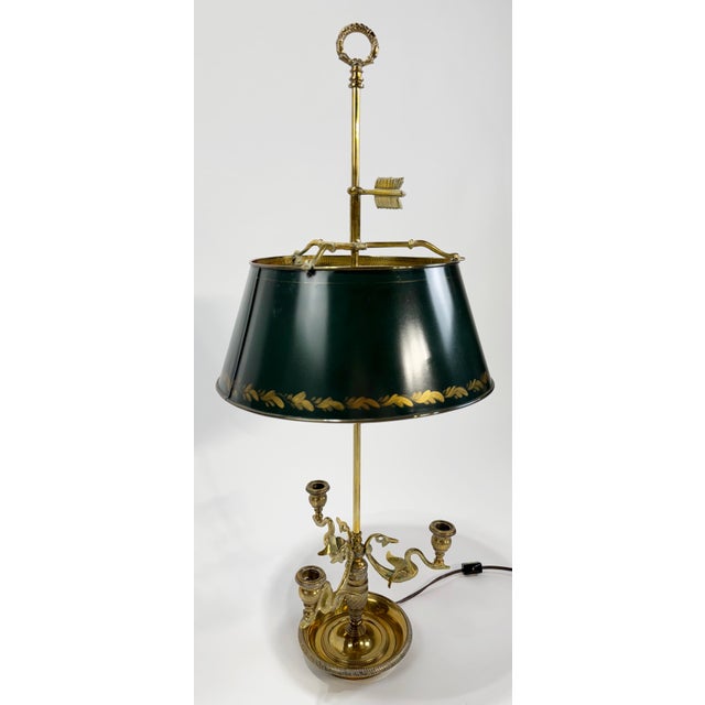 Chapman Manufacturing Company Vintage Chapman French Empire Style Brass Swan Bouillette Lamp With Tole Shade For Sale - Image 4 of 10