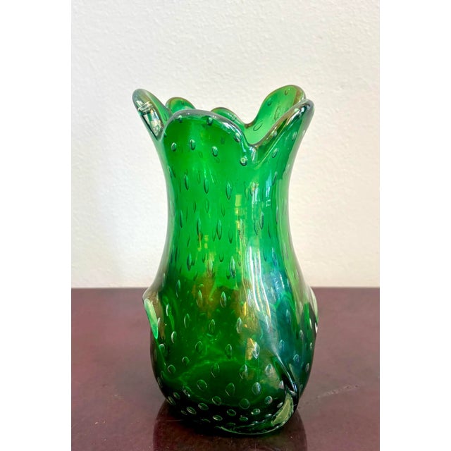 Vintage Boho Glazed Green Art Glass Vase For Sale - Image 4 of 6