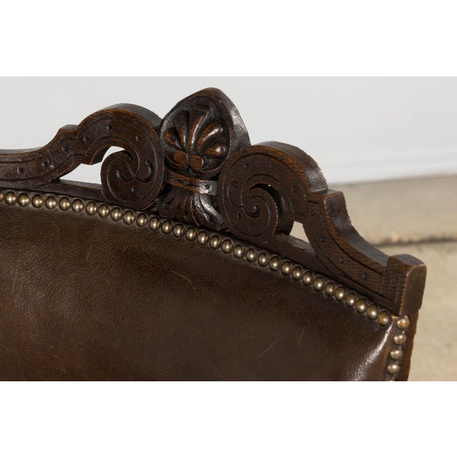 Brown Antique French Louis XV Style Oak Dining Chairs W/ Brown Leather - Set of 8 For Sale - Image 8 of 18