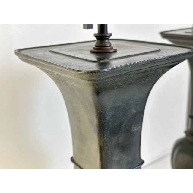 Pair of 1960s Gu Form Archaistic Chinese Style Verdigris Bronzed Lamps For Sale - Image 9 of 11