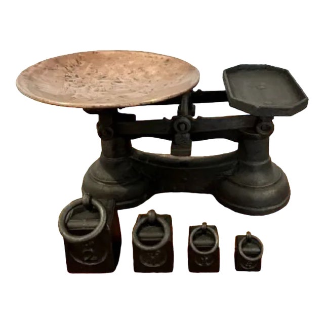 Edwardian Iron and Copper Scales & Original Iron Weights, 1900s, Set of 5 For Sale