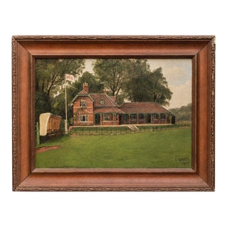 Charming Antique Framed Oil Painting English Cricket Pavilion Sports Victorian Architecture Home Wall Decor For Sale