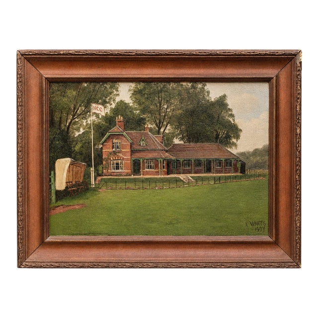 Charming Antique Framed Oil Painting English Cricket Pavilion Sports Victorian Architecture Home Wall Decor For Sale