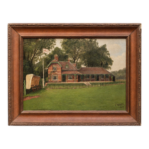 Charming Antique Framed Oil Painting English Cricket Pavilion Sports Victorian Architecture Home Wall Decor
