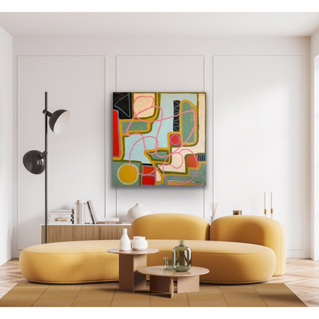 A striking original contemporary abstract painting that combines structured geometric blocks with fluid, expressive...