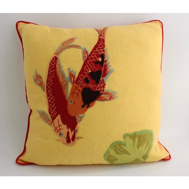 Asian Vibrant Pair of Koi Fish Hand Embroidered Pillow Covers 21" Square, Good Fortune For Sale - Image 3 of 10