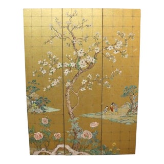 Vintage Japanese Gilt , Figural & Floral Hand Painted 3-Panel Screen C1940 For Sale