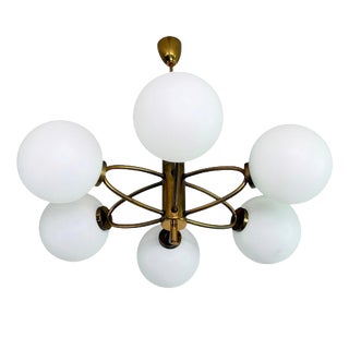 Mid-Century Modern Brass and Opaline Glass 6-Globe Chandelier, 1960s For Sale