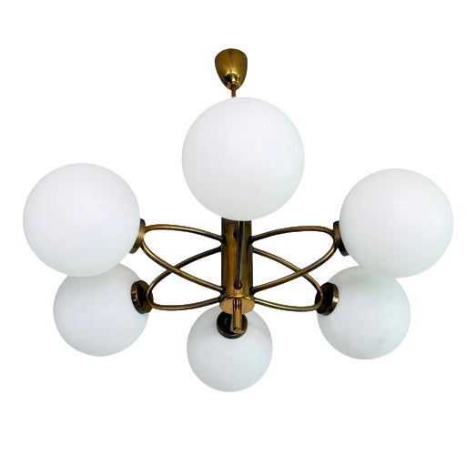 Mid-Century Modern Brass and Opaline Glass 6-Globe Chandelier, 1960s For Sale