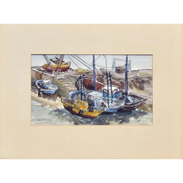 Vintage coastal landscape of Peniche, Portugal with boats and small figures by Buford Brooks Crossland (American,...