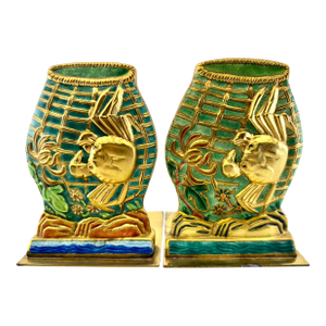 Vintage Chinoiserie Fish Motif Bookends in Gilt and Jewel-Tone Enamel