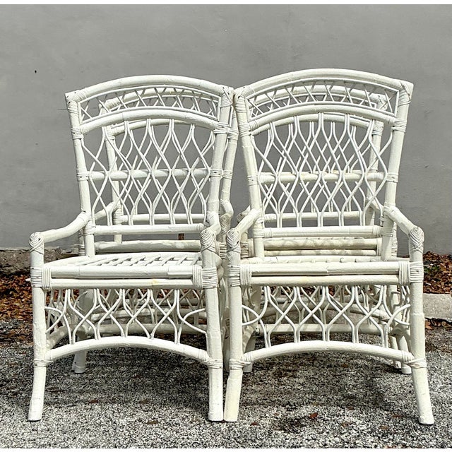 Late 20th Century Vintage Coastal Trellis Rattan Dining Chairs - Set of 4 For Sale - Image 5 of 9