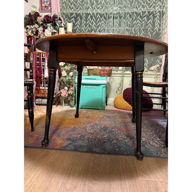 Black Vintage Heywood-Wakefield Style Drop-Leaf Dining Table With 4 Hitchcock Rush Seat Chairs – Old Colony Style For Sale - Image 8 of 12