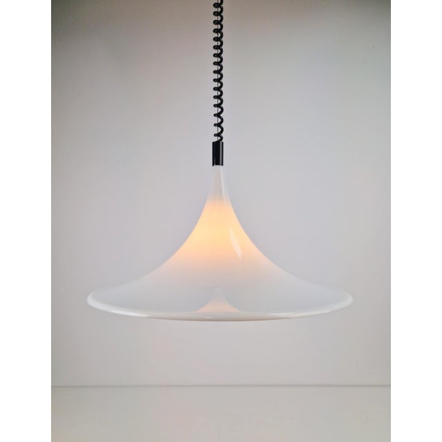 White Space Age Witch Hat Pendant Lamp, by Harco Loor, 1980 Elegant acrylic mid century 'witch hat' space age pendant...