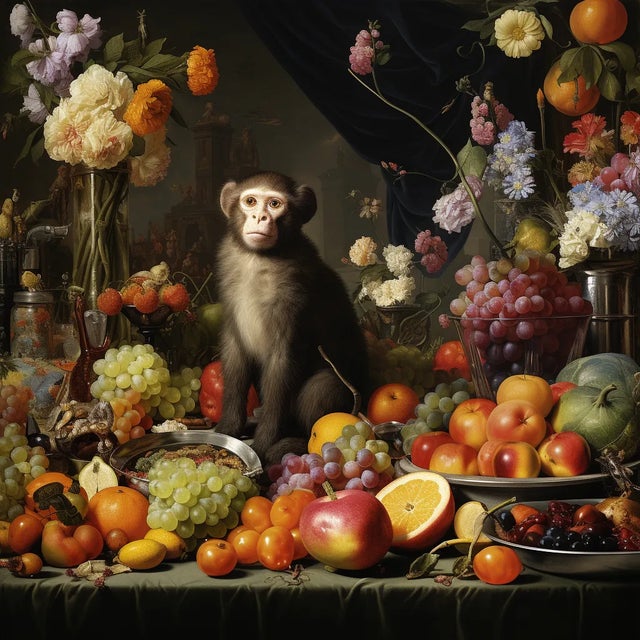 FREE SHIPPING FOR A LIMITED TIME ONLY! 'Still Life With Fruits, Flowers and Monkey' - Original Print by Diane Grant Studio...