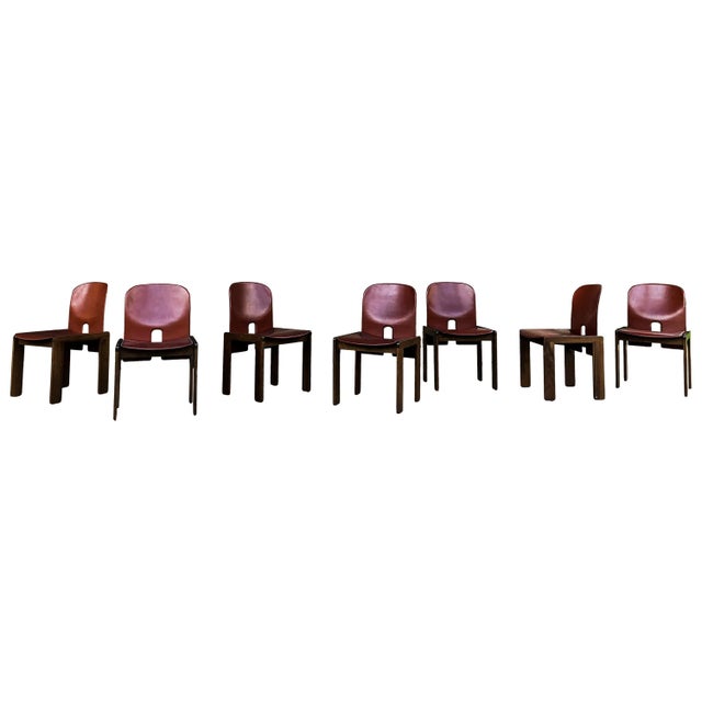 Mid-Century Modern Model 121 Dining Chairs in English Red Leather and Walnut by Afra and Tobia Scarpa for Cassina, 1967, Set of 10 For Sale - Image 3 of 18