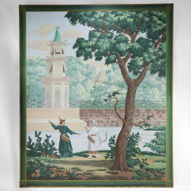 Large Vintage Chinoiserie Decorative Painting With Archers and Ornamental Pagoda For Sale - Image 10 of 10