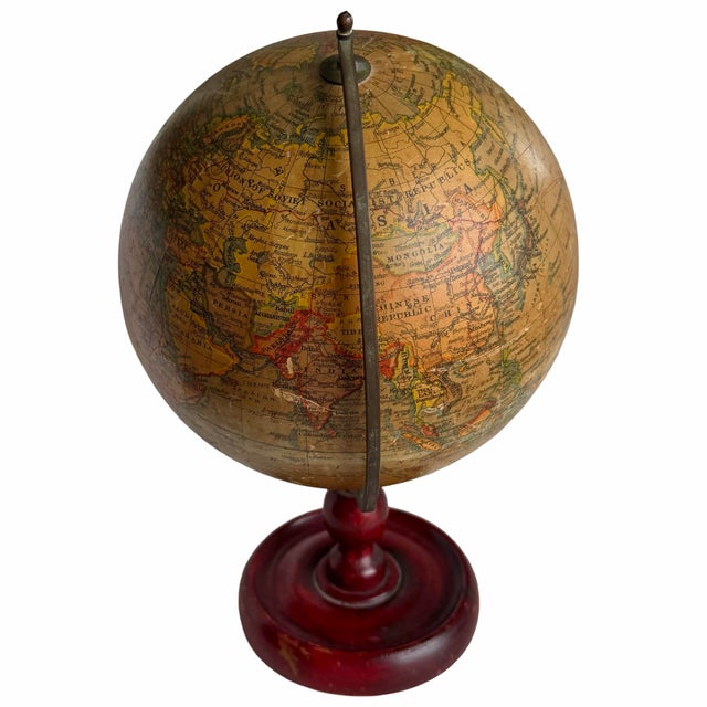English 1940s–1950s English Geographia 8-Inch Terrestrial Globe on Turned Red Wood Base For Sale - Image 3 of 12
