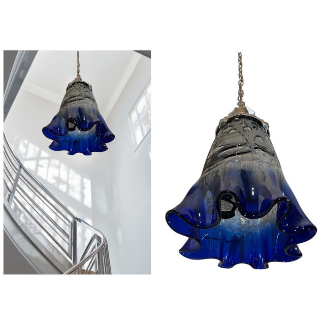 Vintage Fazzoletto Cobalt Blue Black Fenestrated Art Glass Pendant Light For Sale - Image 13 of 18