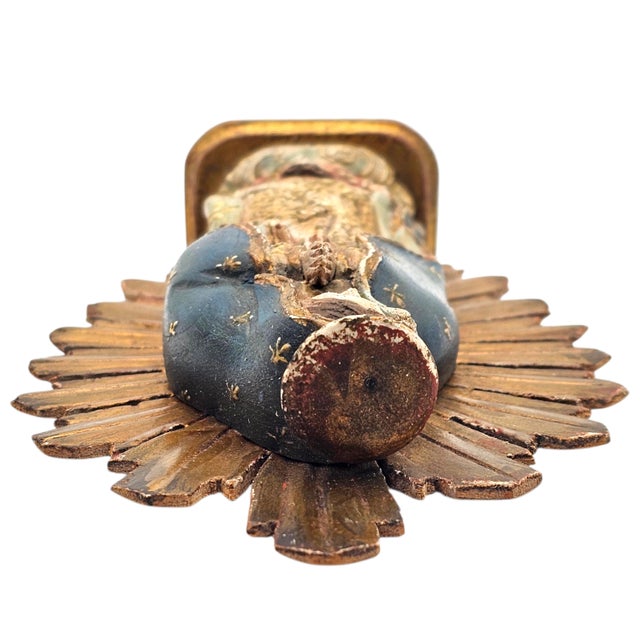Wood Mid-Century Mexican Our Lady of Guadalupe Carved Wood Devotional With Gilt Sunburst, 9" For Sale - Image 7 of 10