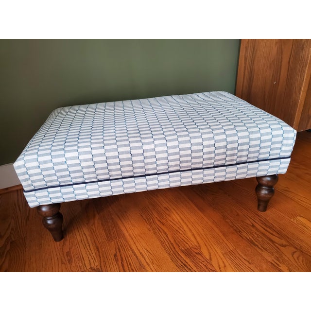 English Newly Upholstered English Ottoman in Blue-Grey Woven Water Fabric For Sale - Image 3 of 7