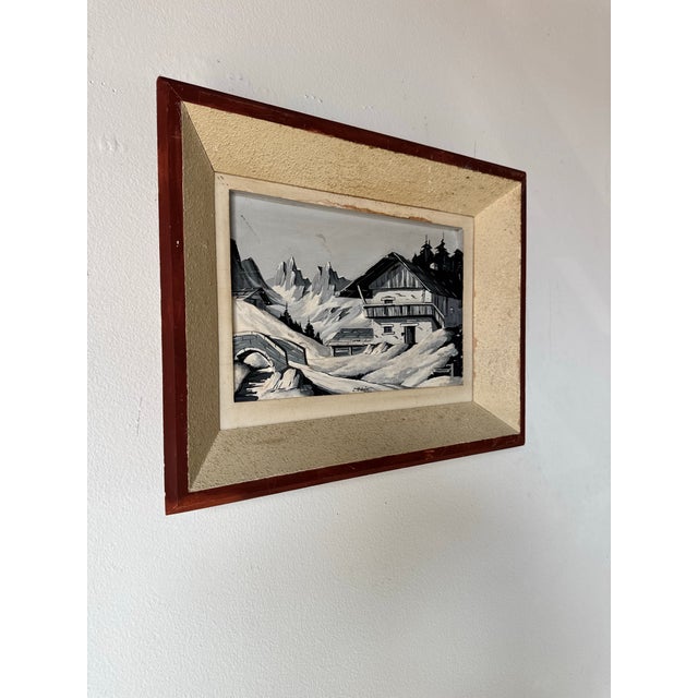 This unique 1970s vintage winter landscape artwork showcases a carved wood relief meticulously painted in monochromatic...