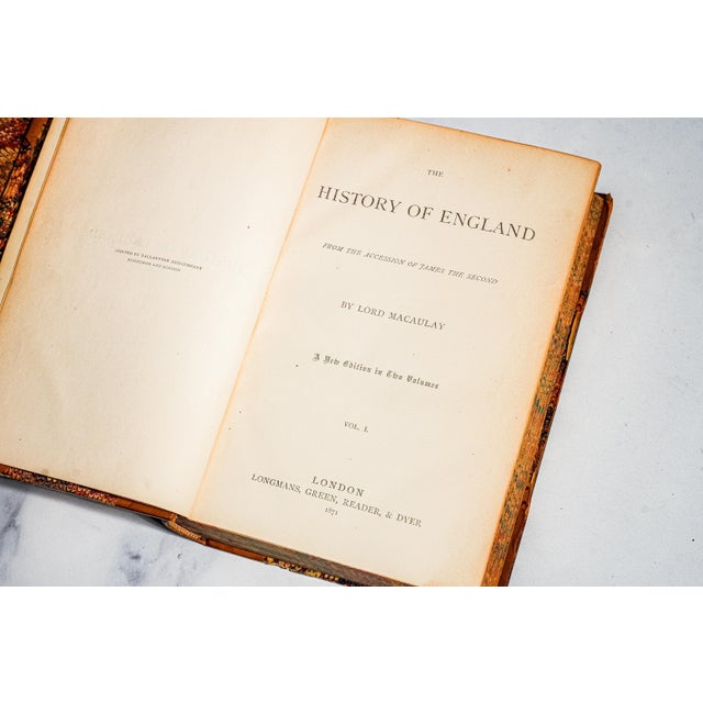 Lovely (2) Volume Leather Spine Antique Book Set 1871 History of England by Lord Macaulay Home Library Decor For Sale In New York - Image 6 of 10