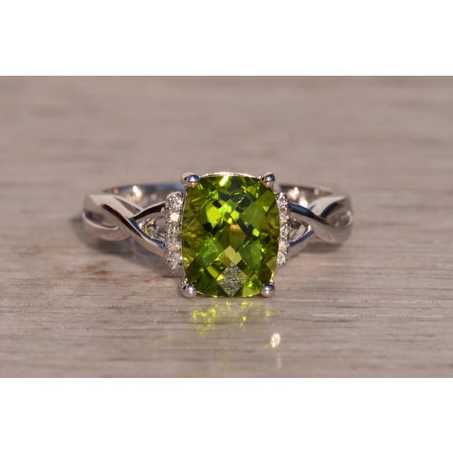The 36th Avenue: Checkerboard Cut Peridot and Diamond Ring in White Gold For Sale - Image 9 of 11