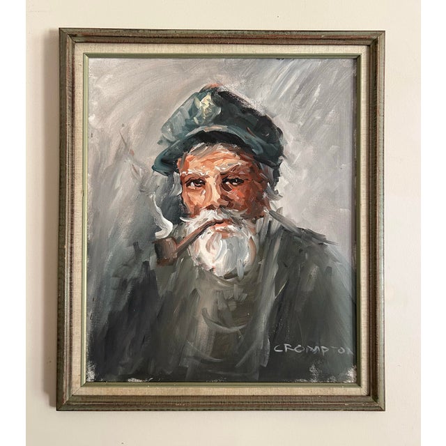 Vintage impressionist portrait of and old salty dog sailor smoking a pipe. Signed “Crompton” to the lower right. In...