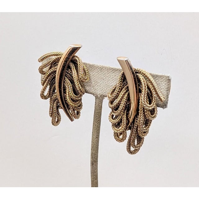 Mid-Century Modern Vintage 1950s Signed Napier Goldtone Fringe Leaf Clip Earrings-2 Pieces For Sale - Image 3 of 9