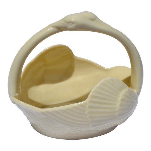 1960s Vintage Lenox Swan Basket Tan Fine Bone Ceramic 24k Gold Mark Bowl For Sale