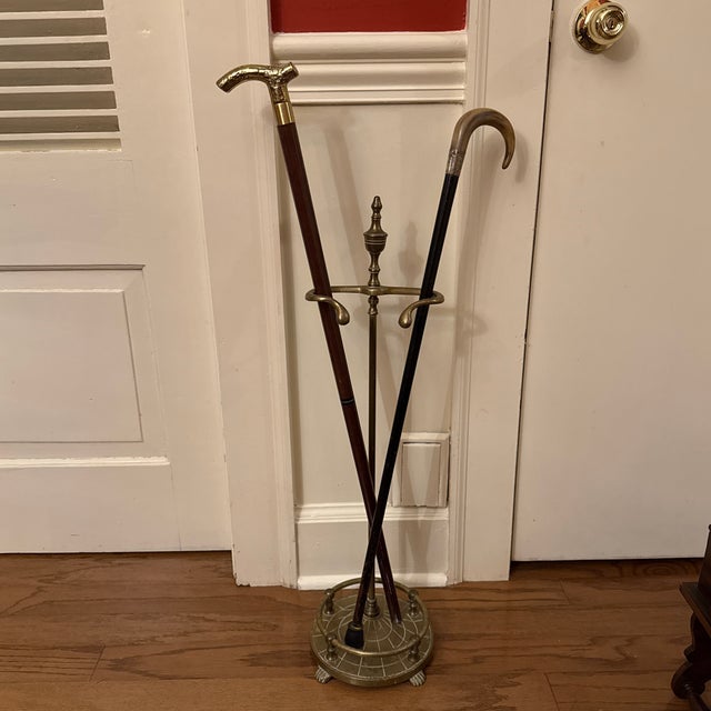 Handsome Georgian Style Brass Walking Stick, Cane, or Umbrella Stand, urn form finial, round base with gallery rail,...