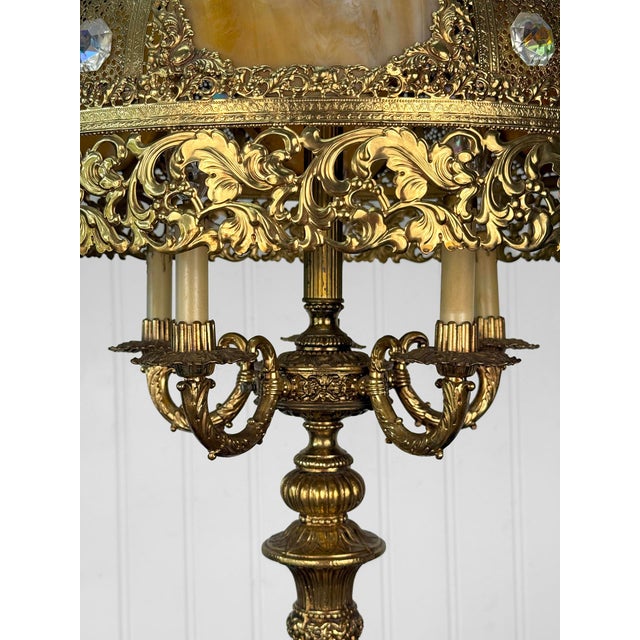 Gold Vintage 40" Hollywood Regency Gold Slag Glass Jeweled Crown Table Lamp For Sale - Image 8 of 13