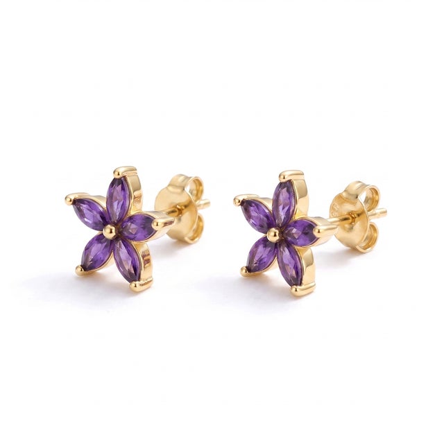 Amethyst Flower Stud Earrings, Floral Style February Birthstone Studs - A Pair For Sale - Image 4 of 5