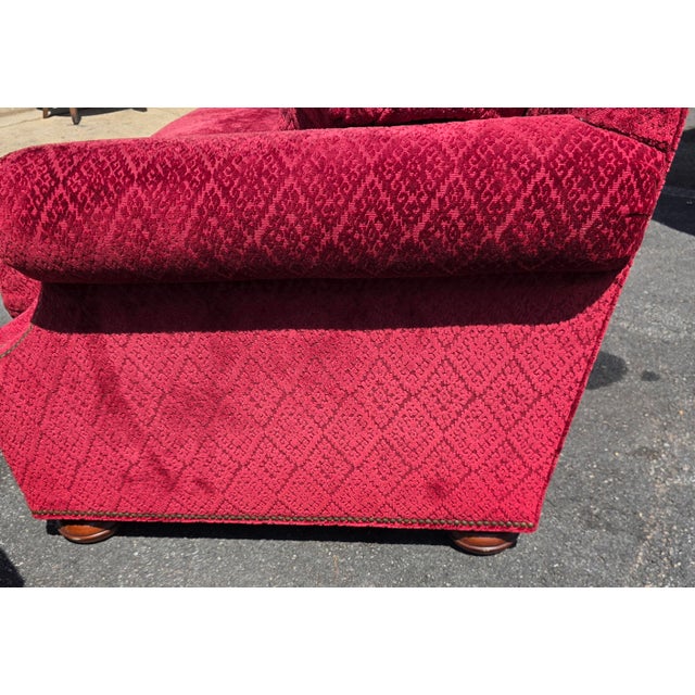 Textile Theodore Alexander English Traditional Crimson Chenille Rolled-Arm Sofa With Nailhead Trim For Sale - Image 7 of 12