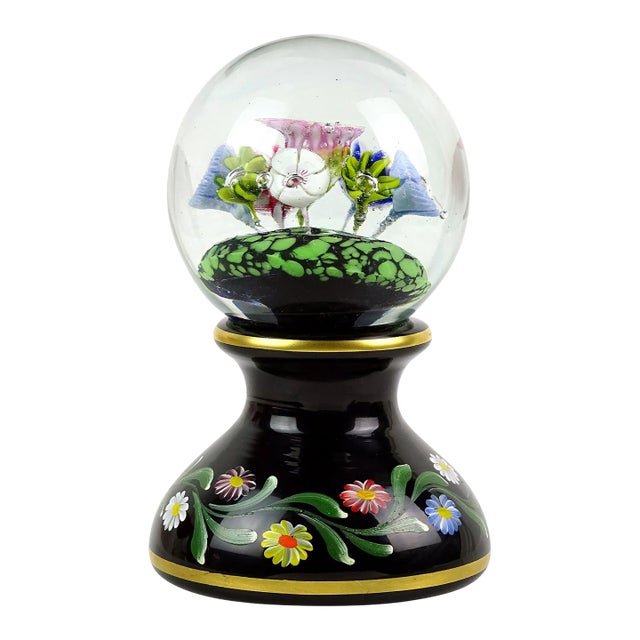 Murano Millefiori Wild Flowers With Painted Pedestal Base Italian Art Glass Vintage Paperweight For Sale