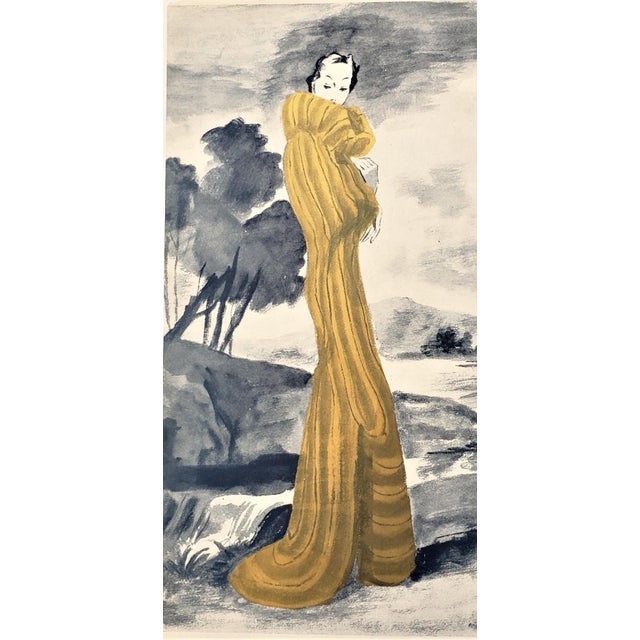 1938 GLAMOR! LUXURY! This is a 1938 French Art Deco fashion print that is RARE to find. It originally came from a haute...