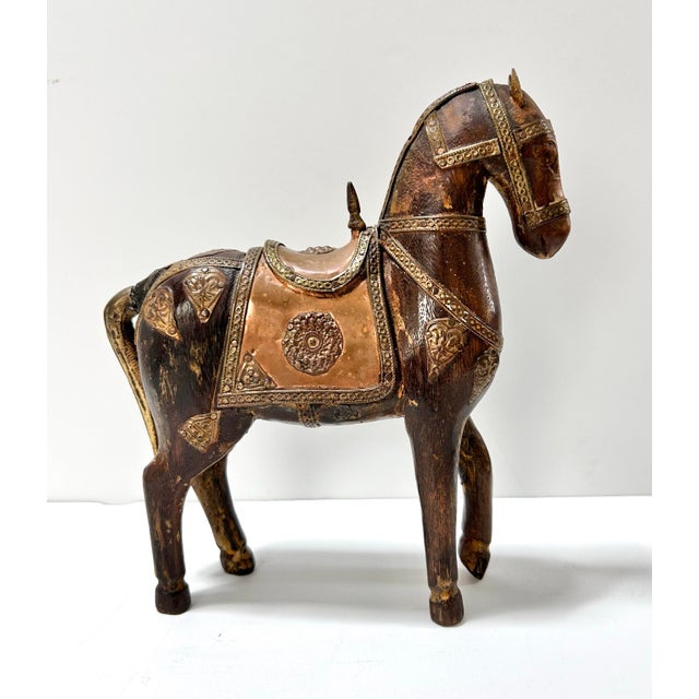 Indian Vintage Carved Wood Horse Sculpture With Brass Inlay For Sale - Image 3 of 10