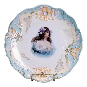 Oversized Prussia Painted and Gilt Portrait Plate of Young Woman Circa 1900