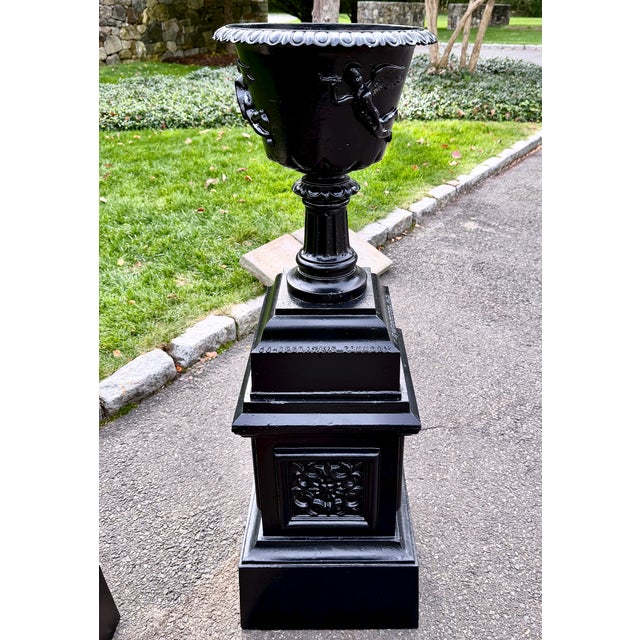 Large Antique Black Cast Iron Garden Urns on Pedestals, Pair, Circa 1900 For Sale - Image 9 of 18