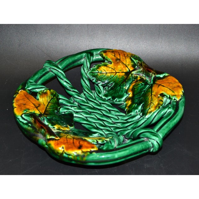 Dark Green Vallauris France Glazed Woven Ceramic Basket Dark Green Fall Motif Pottery 70 For Sale - Image 8 of 12