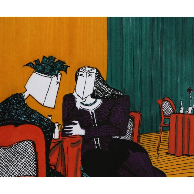 Artist: Alfredo Garzon Title: Dinner Date Year: circa 1980 Medium: Watercolor on Paper, signed Size: 9.5 x 9 inches