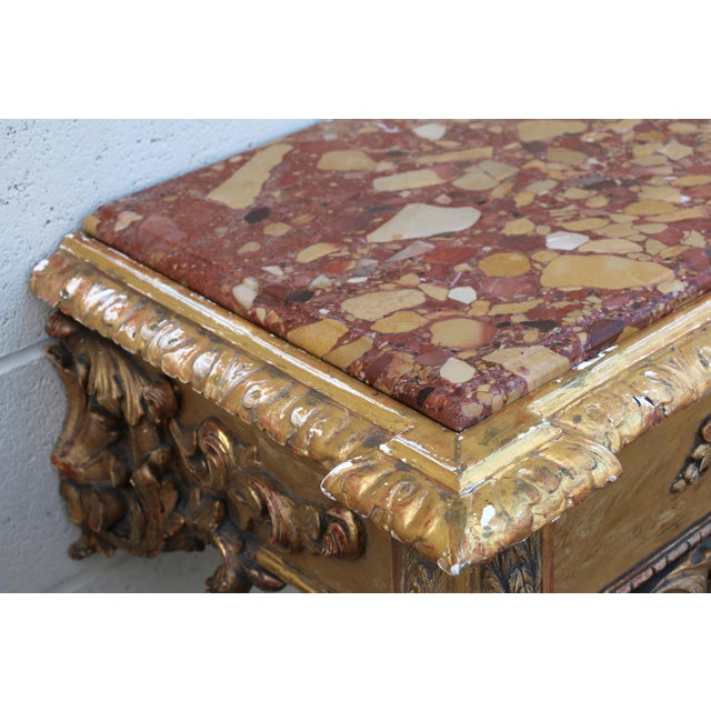 Wood Antique Italian Baroque Giltwood Console Tables With Breccia Marble Tops | Pair | Circa 1900s For Sale - Image 7 of 18