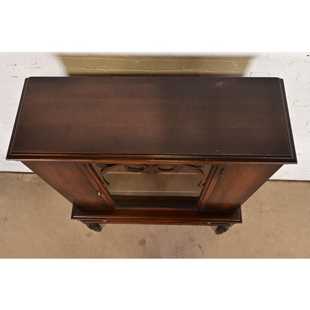 Limbert English Jacobean Carved Walnut and Burl Wood Bookcase or Bar Cabinet, Circa 1920s For Sale - Image 12 of 15