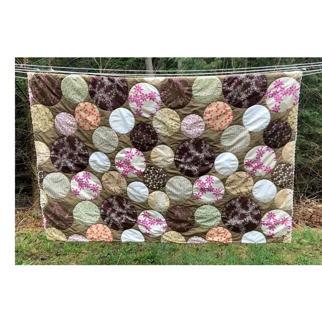 Hippie-Chic Japanese Cotton Medallion Quilt — Chocolate Brown & Pink Floral Circles, Hand Quilted, 66x88in. For Sale - Image 4 of 18