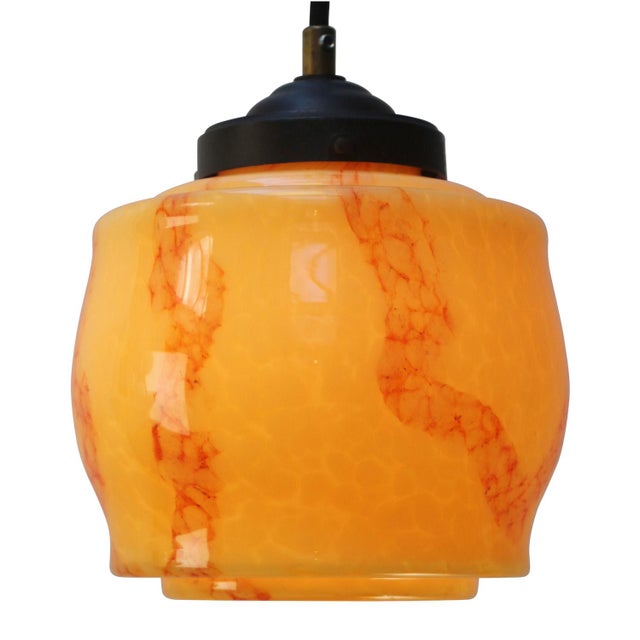 1920s French Art Deco “Clichy Marble” yellow coloured glass pendant lamp Bakelite glass holder 2 meter black cotton flex...